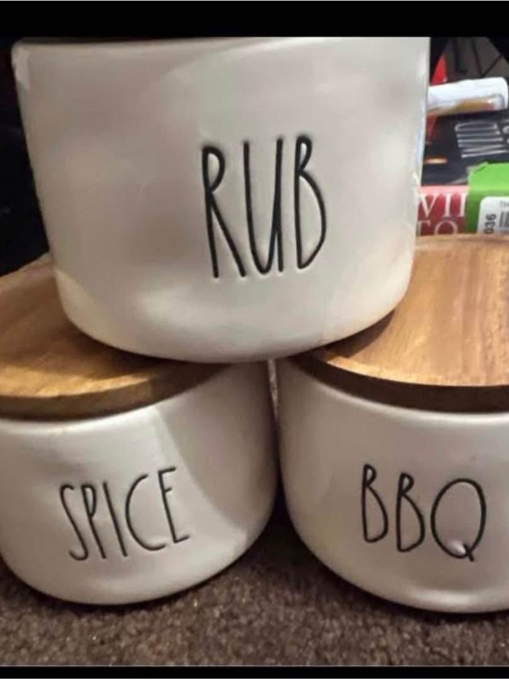 Rea Dunn Ceramic Spice Canister Set with Wood Lids - White (Rub, Spice, BBQ)